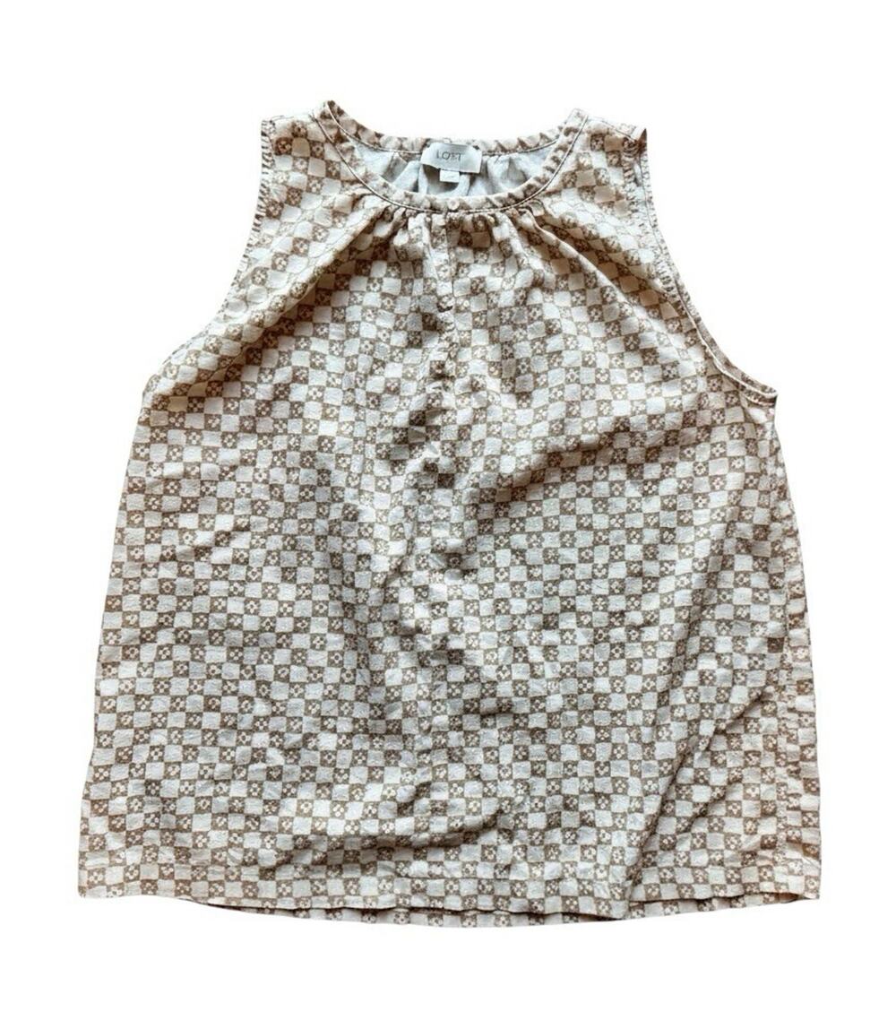 LOFT Women's L Brown & White Check Round Neck Sleeveless Pleated Blouse I5
